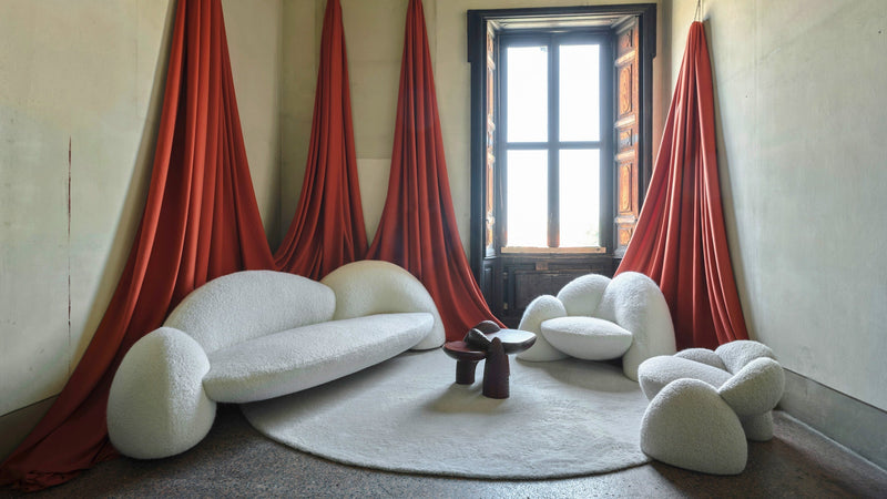 Anima collection by Lara Bohinc at Alcova, Villa Bagatti Valsecchi, Room V15 — alpaca wool seating over Vanadium steel, Milan Design Week 2025, Bohinc Studio
