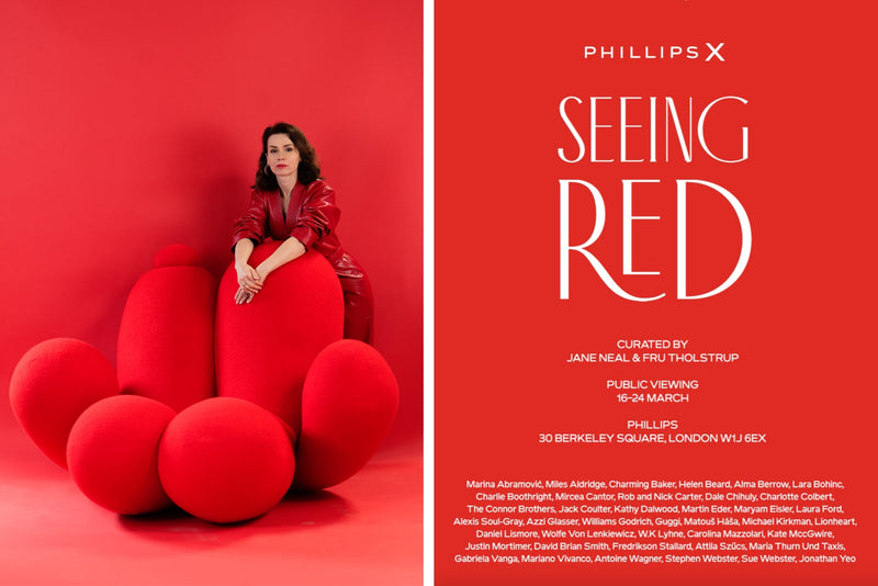 Peaches collection by Lara Bohinc in SEEING RED exhibition at Phillips London — wool upholstered armchairs, curated by Jane Neal and Fru Tholstrup, March 2024, Bohinc Studio