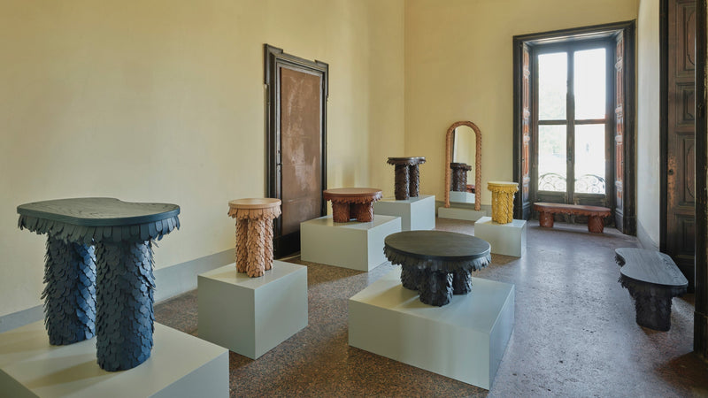Betsy collection by Lara Bohinc x Uniqka at Alcova, Villa Bagatti Valsecchi, Room V4 — hand-layered saddlery leather furniture, Milan Design Week 2025, Bohinc Studio