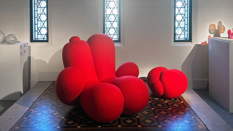 Big Girl Armchair and Peaches Pouffe by Lara Bohinc at Eye of the Collector 2024, London — wool upholstery over wood and steel, Bohinc Studio