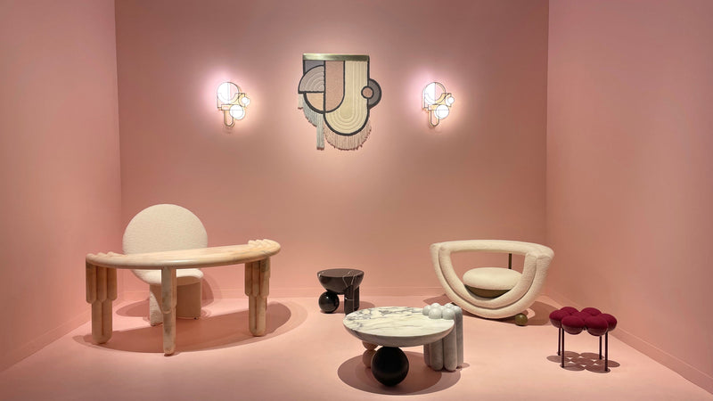 Afternoon Tea collection by Lara Bohinc at Design Miami 2021, Curio programme — Kissing Armchair in cream wool upholstery and Profiterole Marble Table, Bohinc Studio