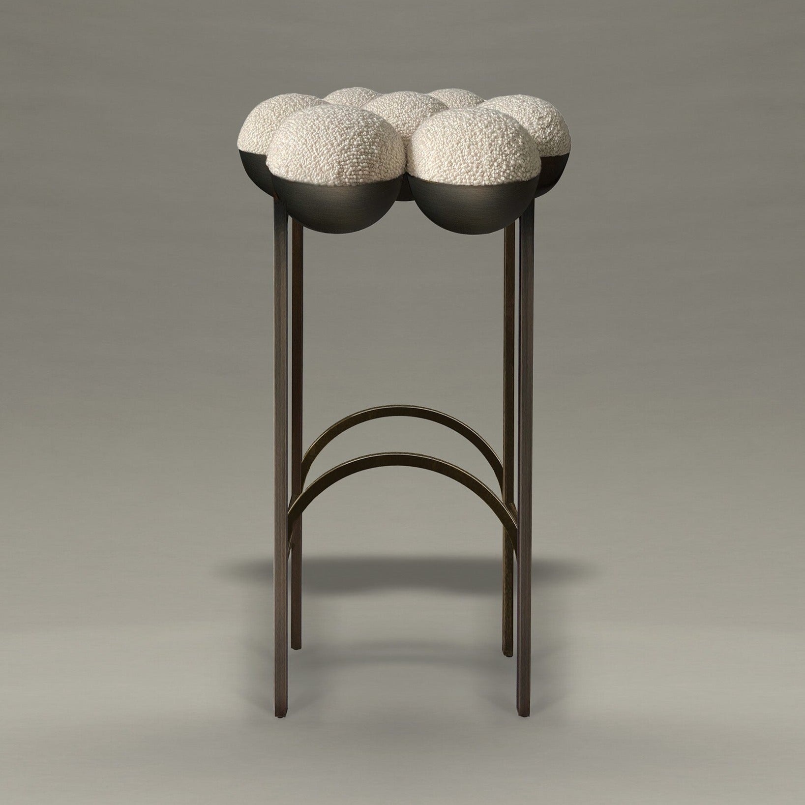 SATURN BAR STOOL<br>BRONZE OXIDISED STEEL, IVORY BOUCLE