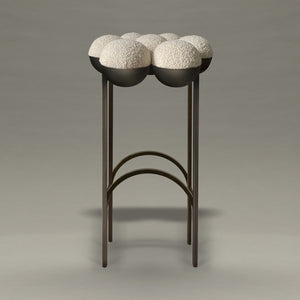SATURN BAR STOOL<br>BRONZE OXIDISED STEEL, IVORY BOUCLE