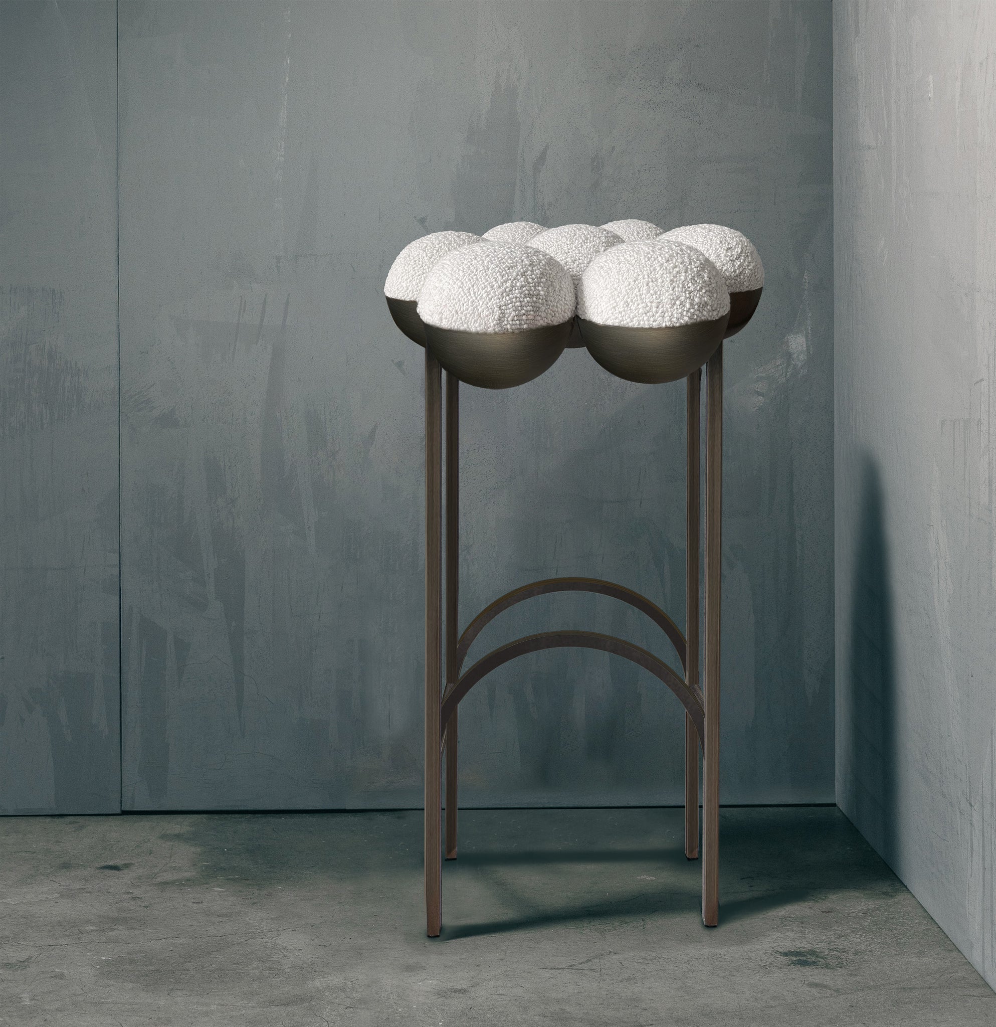SATURN BAR STOOL - BRONZE OXIDISED STEEL, IVORY BOUCLE