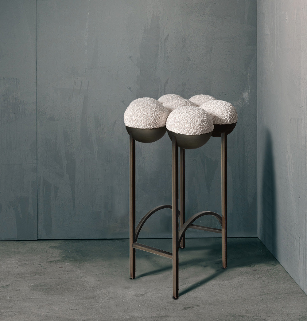 SATURN BAR STOOL - BRONZE OXIDISED STEEL, IVORY BOUCLE